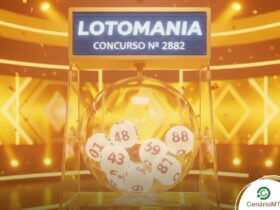 Ilustração 3D de um sorteio da Lotomania, concurso número 2882. Um globo de cristal transparente contém bolas brancas numeradas (como 01, 43, 48, 88). O cenário é iluminado em tons de dourado e amarelo com confetes.