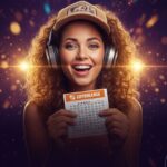 Mulher feliz usando fones de ouvido e segurando bilhete da Lotomania