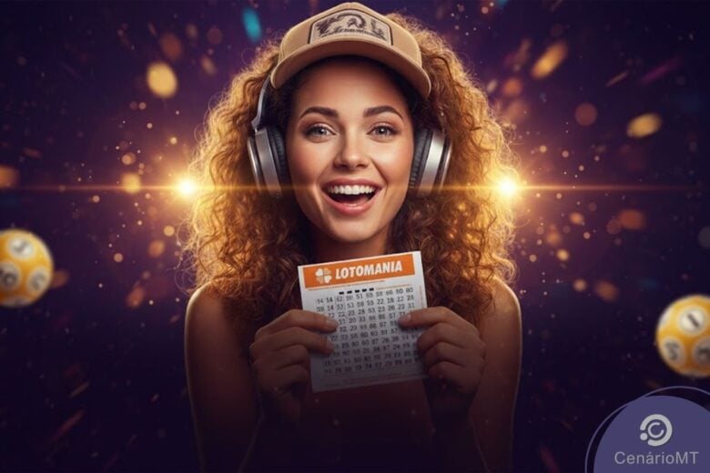 Mulher feliz usando fones de ouvido e segurando bilhete da Lotomania