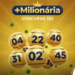 Imagem ilustrativa da +Milionária com bolas douradas, trevos de quatro folhas e logotipo. Arte visual da loteria +Milionária em fundo amarelo.