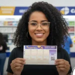 Mulher segurando bilhete da +Milionária em uma filial da Caixa