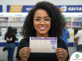 Mulher segurando bilhete da +Milionária em uma filial da Caixa