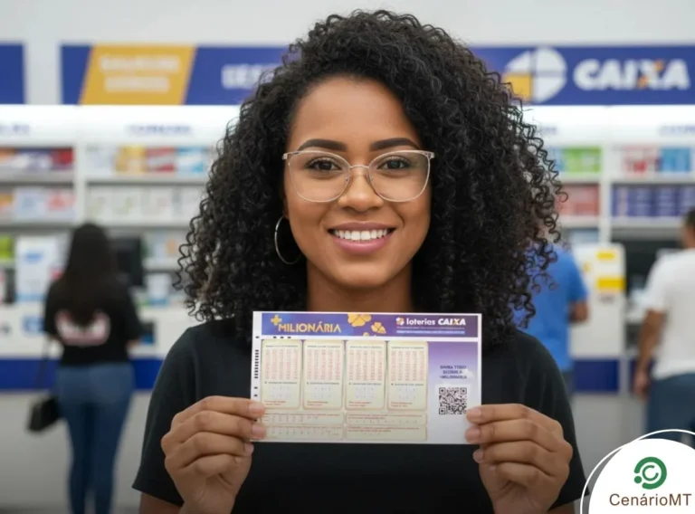 Mulher segurando bilhete da +Milionária em uma filial da Caixa