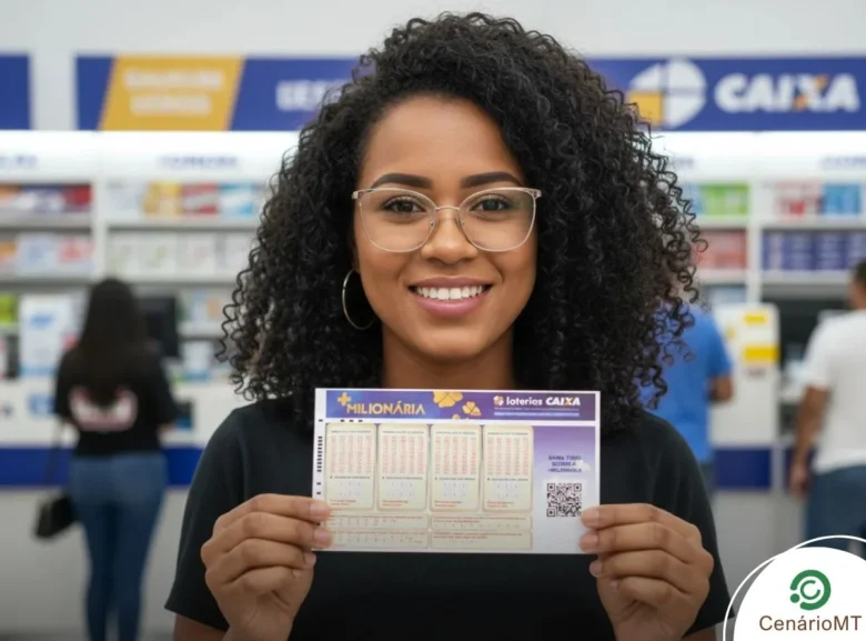 Mulher segurando bilhete da +Milionária em uma filial da Caixa