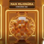 Imagem luxuosa em tons de dourado para a loteria +Milionária, concurso 322. Globo de sorteio sofisticado com brilho metálico.