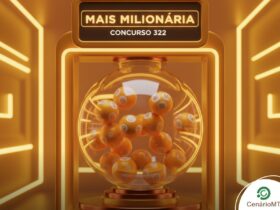 Imagem luxuosa em tons de dourado para a loteria +Milionária, concurso 322. Globo de sorteio sofisticado com brilho metálico.