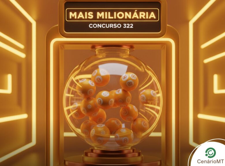 Imagem luxuosa em tons de dourado para a loteria +Milionária, concurso 322. Globo de sorteio sofisticado com brilho metálico.