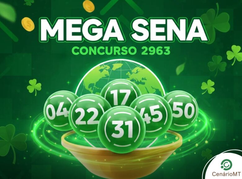 Aqui está um alt text (texto alternativo) otimizado para SEO, focado em acessibilidade e na sua palavra-chave: "Arte digital vibrante da Mega-Sena para o concurso 2963 com tema verde. A imagem apresenta seis dezenas da sorte em globos verdes numerados (04, 22, 17, 31, 45, 50) flutuando sobre um funil dourado e um globo terrestre. O fundo é composto por tons de verde esmeralda com trevos de quatro folhas e moedas de ouro, simbolizando sorte e prosperidade.
