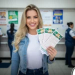Jovem sorridente em uma lotérica segurando volantes de apostas da Mega-Sena, com funcionários trabalhando ao fundo e cartazes de prêmios na parede.