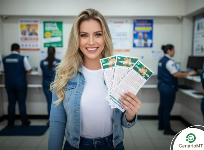 Jovem sorridente em uma lotérica segurando volantes de apostas da Mega-Sena, com funcionários trabalhando ao fundo e cartazes de prêmios na parede.