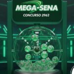 Imagem 3D de um globo de sorteio da Mega-Sena em tons de verde vibrante, com bolas numeradas em movimento e painel digital indicando o concurso 2962