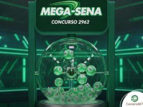 Imagem 3D de um globo de sorteio da Mega-Sena em tons de verde vibrante, com bolas numeradas em movimento e painel digital indicando o concurso 2962