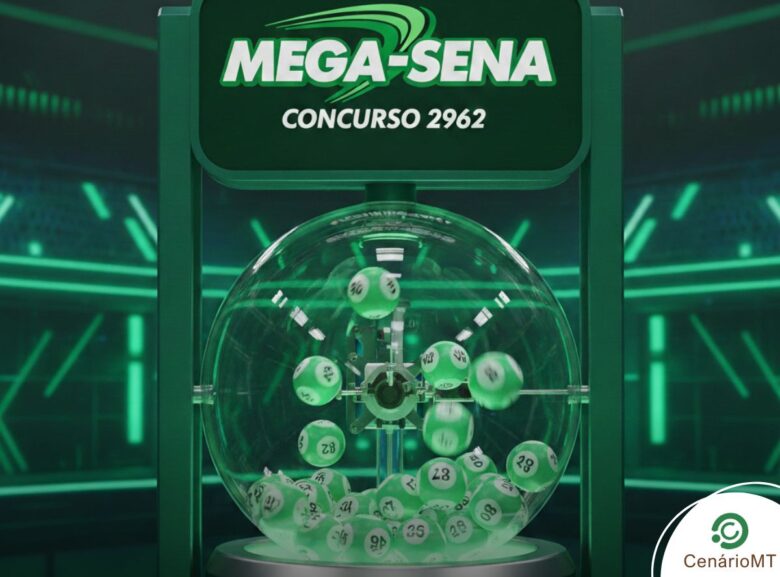 Imagem 3D de um globo de sorteio da Mega-Sena em tons de verde vibrante, com bolas numeradas em movimento e painel digital indicando o concurso 2962