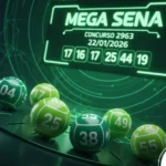 Detalhes do concurso 2963 da Mega-Sena, sorteio do dia 22/01/2026. Imagem em tons de verde com painel digital e bolas numeradas de caráter ilustrativo.