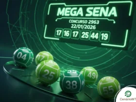 Detalhes do concurso 2963 da Mega-Sena, sorteio do dia 22/01/2026. Imagem em tons de verde com painel digital e bolas numeradas de caráter ilustrativo.