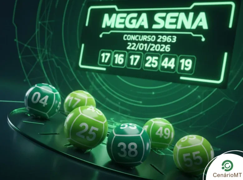 Detalhes do concurso 2963 da Mega-Sena, sorteio do dia 22/01/2026. Imagem em tons de verde com painel digital e bolas numeradas de caráter ilustrativo.