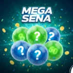 Ilustração da Mega-Sena com seis esferas coloridas em verde e azul, algumas com pontos de interrogação e outras com os números 8 e 60, cercadas por moedas de ouro e confetes.