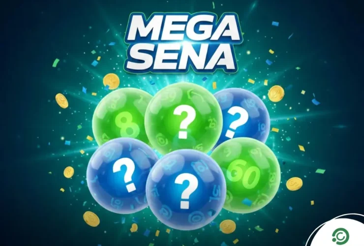 Ilustração da Mega-Sena com seis esferas coloridas em verde e azul, algumas com pontos de interrogação e outras com os números 8 e 60, cercadas por moedas de ouro e confetes.