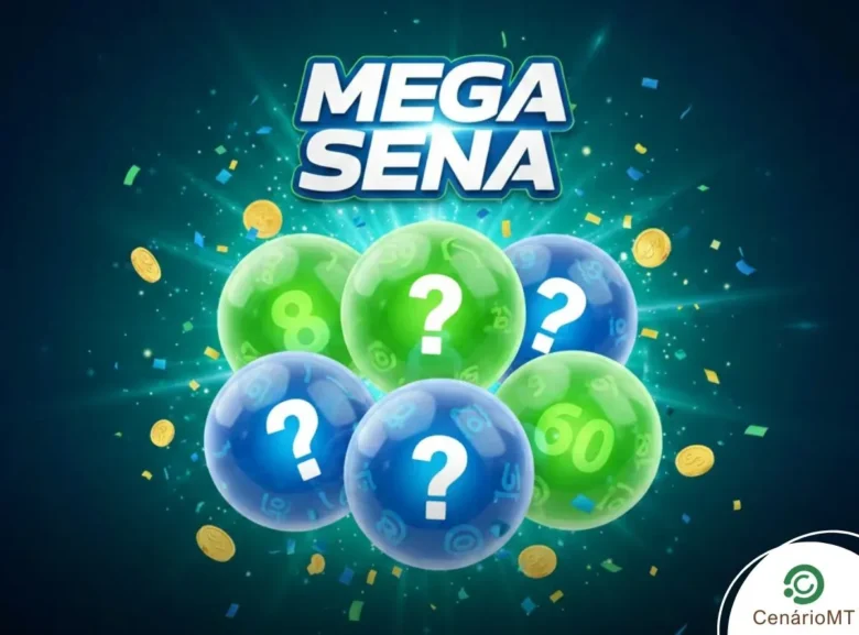 Ilustração da Mega-Sena com seis esferas coloridas em verde e azul, algumas com pontos de interrogação e outras com os números 8 e 60, cercadas por moedas de ouro e confetes.