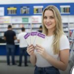 Mulher jovem e loira, vestindo camiseta branca e calça jeans, sorrindo enquanto segura três bilhetes da Lotofácil dentro de uma casa lotérica moderna com guichês de atendimento ao fundo.