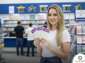 Mulher jovem e loira, vestindo camiseta branca e calça jeans, sorrindo enquanto segura três bilhetes da Lotofácil dentro de uma casa lotérica moderna com guichês de atendimento ao fundo.