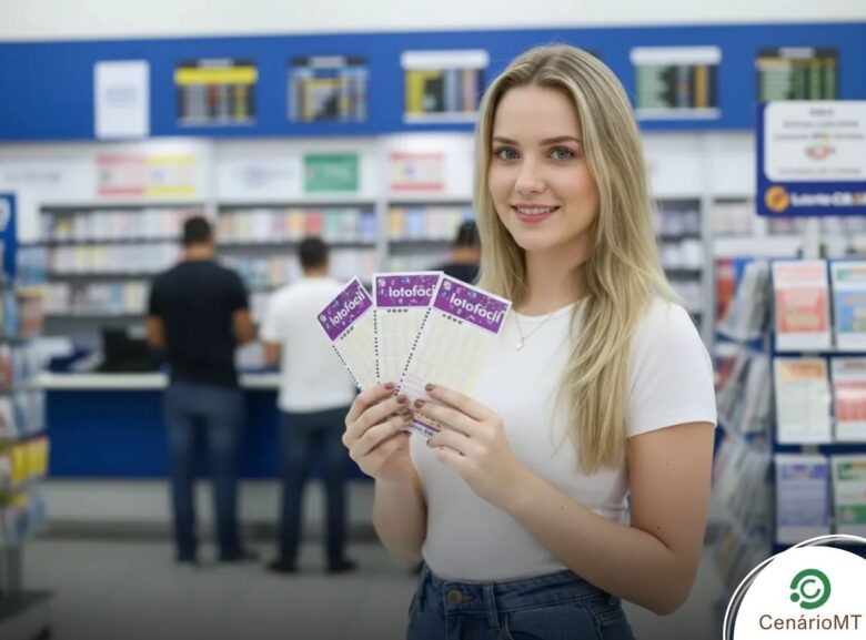 Mulher jovem e loira, vestindo camiseta branca e calça jeans, sorrindo enquanto segura três bilhetes da Lotofácil dentro de uma casa lotérica moderna com guichês de atendimento ao fundo.