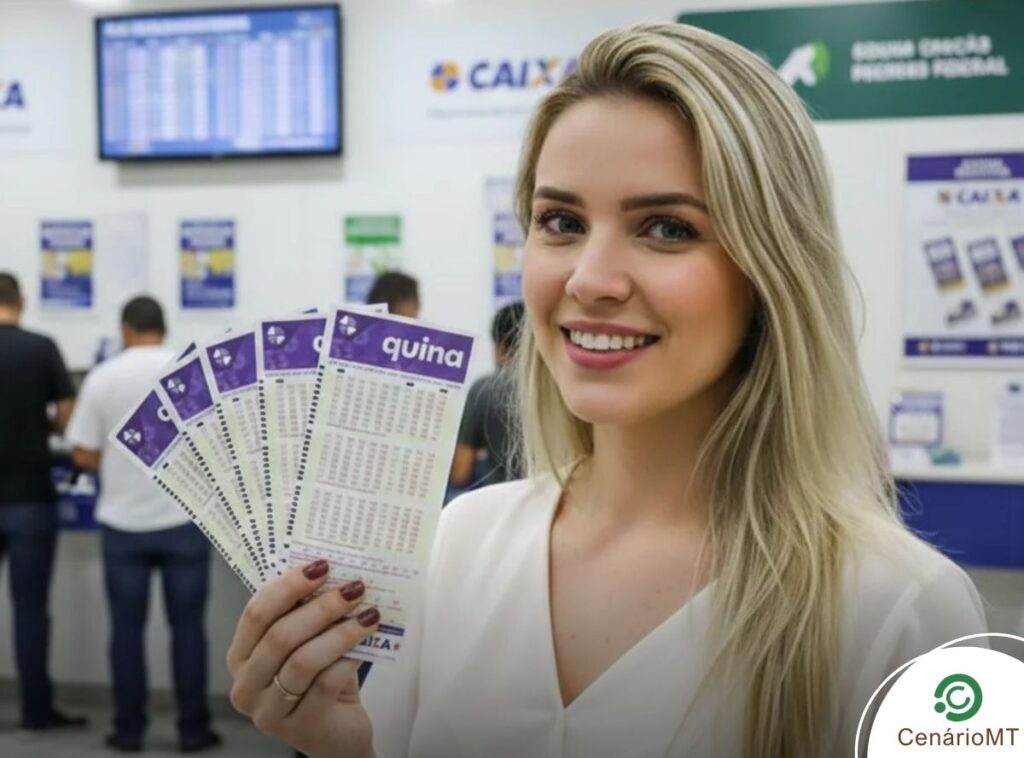 Estratégias e palpites Quina 7095: O que jogar para concorrer a R$ 12,50 milhões 11 Mulher segurando bilhetes da quina em Lotérica