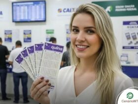 Quina 6986 pode pagar R$ 7,3 milhões nesta quinta (26): veja estratégias e palpites 13 Mulher segurando bilhetes da quina em Lotérica