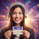Mulher asiática sorridente com bilhete da quina e usando fones de ouvido