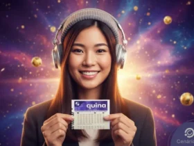 Mulher asiática sorridente com bilhete da quina e usando fones de ouvido