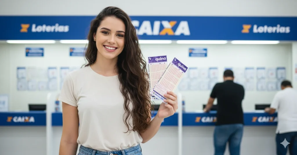 Mulher sorrindo segurando bilhetes da quina