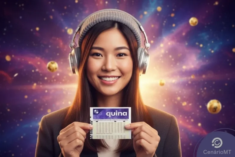 Mulher asiática sorridente com bilhete da quina e usando fones de ouvido
