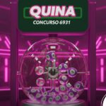 Representação visual da Quina, concurso 6931, com temática roxa. Máquina de sorteio futurista com bolas brancas e roxas em destaque.