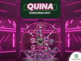 Representação visual da Quina, concurso 6931, com temática roxa. Máquina de sorteio futurista com bolas brancas e roxas em destaque.
