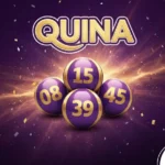 Arte ilustrativa da Quina com bolas de sorteio roxas e logotipo dourado. Imagem promocional da loteria Quina em fundo roxo nebuloso.