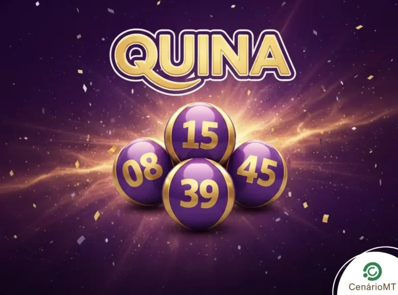 Resultado da Quina 6985: Veja os números sorteados para o prêmio de R$ 6,3 milhões 1 Arte ilustrativa da Quina com bolas de sorteio roxas e logotipo dourado. Imagem promocional da loteria Quina em fundo roxo nebuloso.