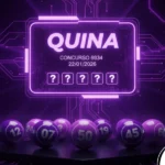 Quina concurso 6934, sorteio de 22/01/2026. Arte em neon roxo com campos para os números sorteados e bolas numeradas meramente ilustrativas na base.