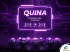 Quina concurso 6934, sorteio de 22/01/2026. Arte em neon roxo com campos para os números sorteados e bolas numeradas meramente ilustrativas na base.