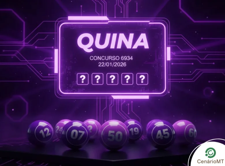 Quina concurso 6934, sorteio de 22/01/2026. Arte em neon roxo com campos para os números sorteados e bolas numeradas meramente ilustrativas na base.