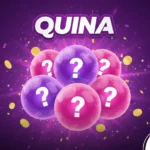 Ilustração da Quina com cinco esferas em tons de rosa e roxo contendo pontos de interrogação, em um cenário festivo com brilhos e moedas douradas.