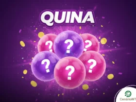 Ilustração da Quina com cinco esferas em tons de rosa e roxo contendo pontos de interrogação, em um cenário festivo com brilhos e moedas douradas.