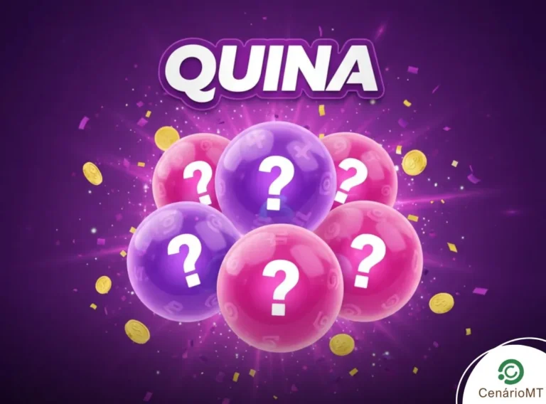 Ilustração da Quina com cinco esferas em tons de rosa e roxo contendo pontos de interrogação, em um cenário festivo com brilhos e moedas douradas.