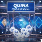 Ilustração 3D de um sorteio da Quina, concurso número 6941. Um globo de cristal com bolas numeradas em azul está centralizado sob um letreiro azul. O fundo possui iluminação tecnológica em tons de azul e ciano.