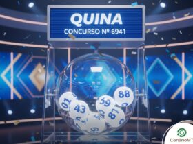 Resultado da Quina 6941 de hoje (30/01/2026); veja os números sorteados 3 Ilustração 3D de um sorteio da Quina, concurso número 6941. Um globo de cristal com bolas numeradas em azul está centralizado sob um letreiro azul. O fundo possui iluminação tecnológica em tons de azul e ciano.