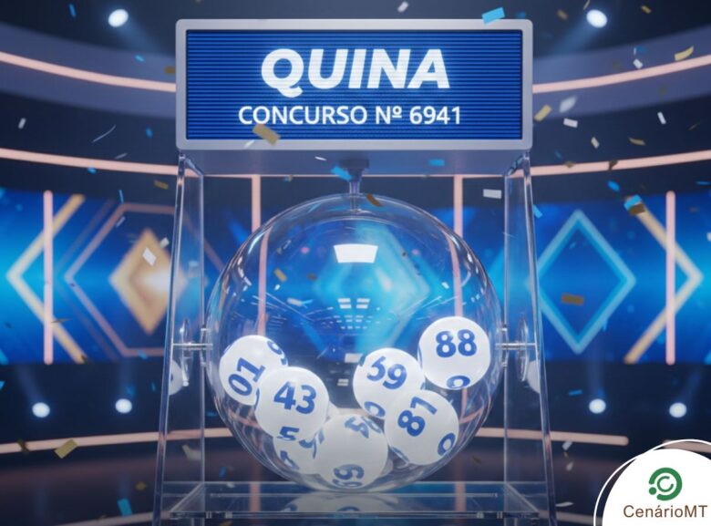 Ilustração 3D de um sorteio da Quina, concurso número 6941. Um globo de cristal com bolas numeradas em azul está centralizado sob um letreiro azul. O fundo possui iluminação tecnológica em tons de azul e ciano.