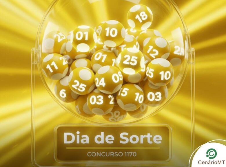 Imagem publicitária da loteria Dia de Sorte, mostrando um globo de vidro com bolas numeradas amarelas. Abaixo, uma placa retangular dourada identifica o "Dia de Sorte" e o "Concurso 1170". Fundo com efeito de brilho amarelo.
