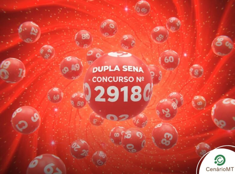 Fundo dinâmico em vermelho intenso com diversas bolas de loteria espalhadas. No centro, o destaque para "DUPLA SENA CONCURSO Nº 2918". Marca do portal CenárioMT no canto inferior.