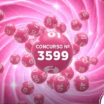 Imagem em tons de rosa vibrante mostrando várias bolas de sorteio numeradas em movimento circular. Ao centro, a inscrição "CONCURSO Nº 3599" em branco. Logotipo CenárioMT posicionado no canto inferior.