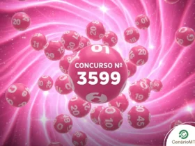 Imagem em tons de rosa vibrante mostrando várias bolas de sorteio numeradas em movimento circular. Ao centro, a inscrição "CONCURSO Nº 3599" em branco. Logotipo CenárioMT posicionado no canto inferior.