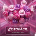 Ilustração 3D de um globo de sorteio transparente contendo bolas numeradas em tons de rosa e roxo. À frente, uma placa exibe o logotipo "Lotofácil" e a inscrição "Concurso 3600". O fundo possui raios de luz rosa.